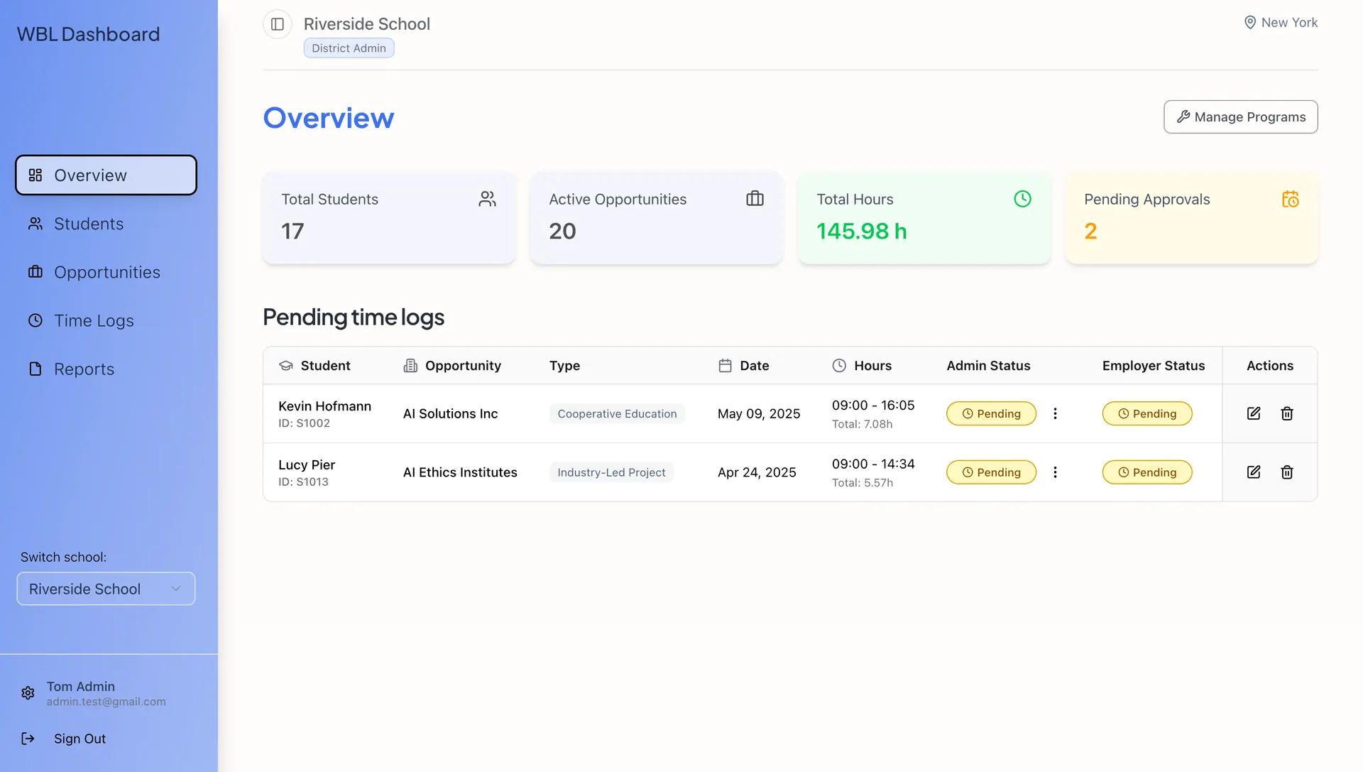 WBL Tracker Overview Dashboard showing key metrics, active opportunities, total hours, and pending approvals