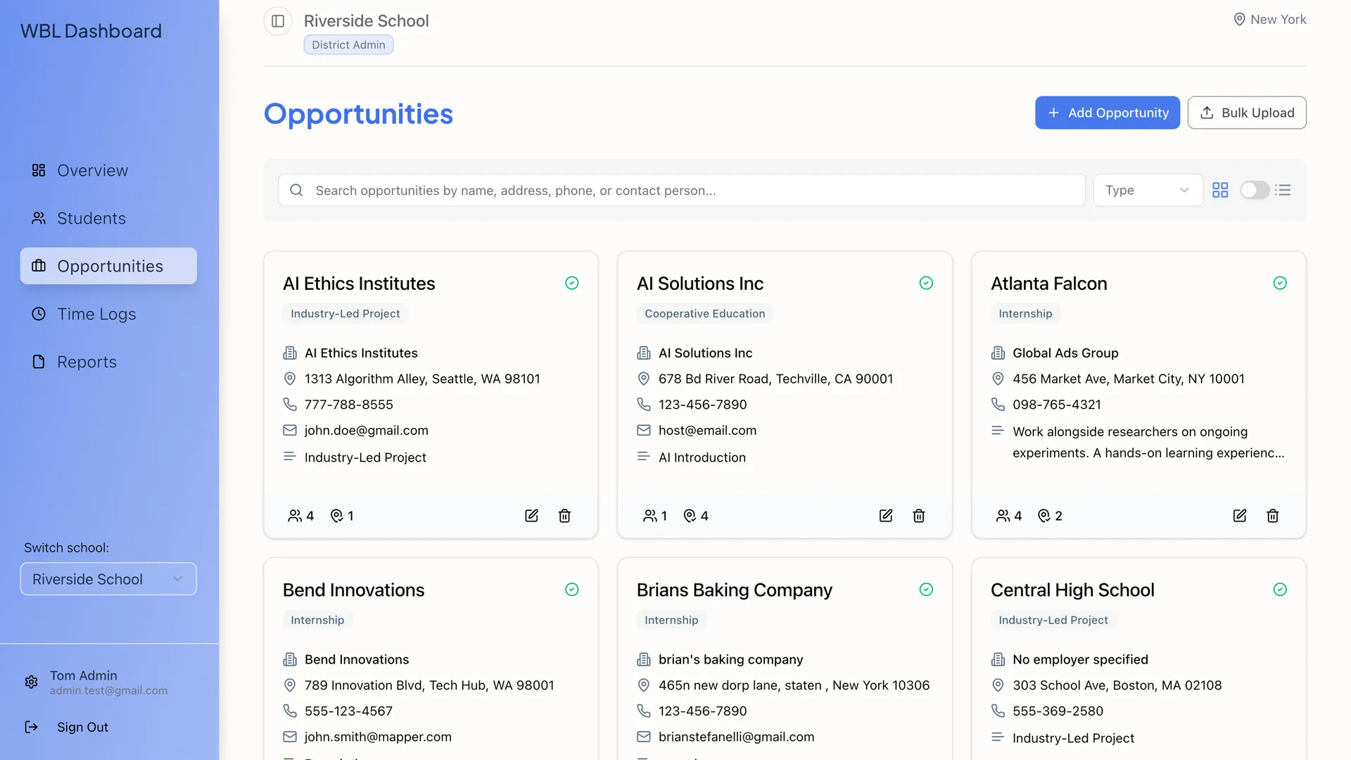 Opportunities dashboard displaying employer partnerships and work-based learning placements