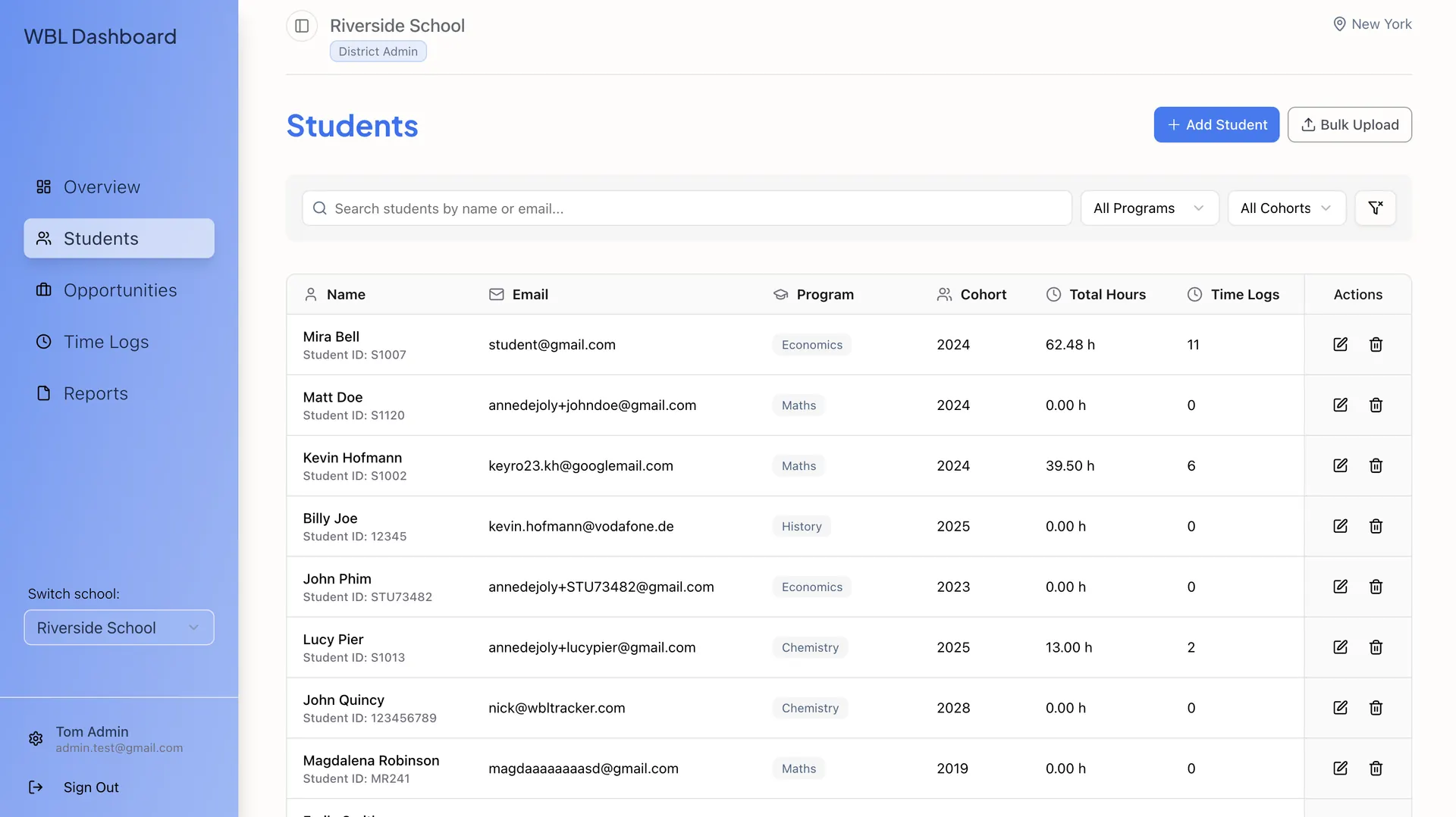 Student management interface showing roster and hour tracking