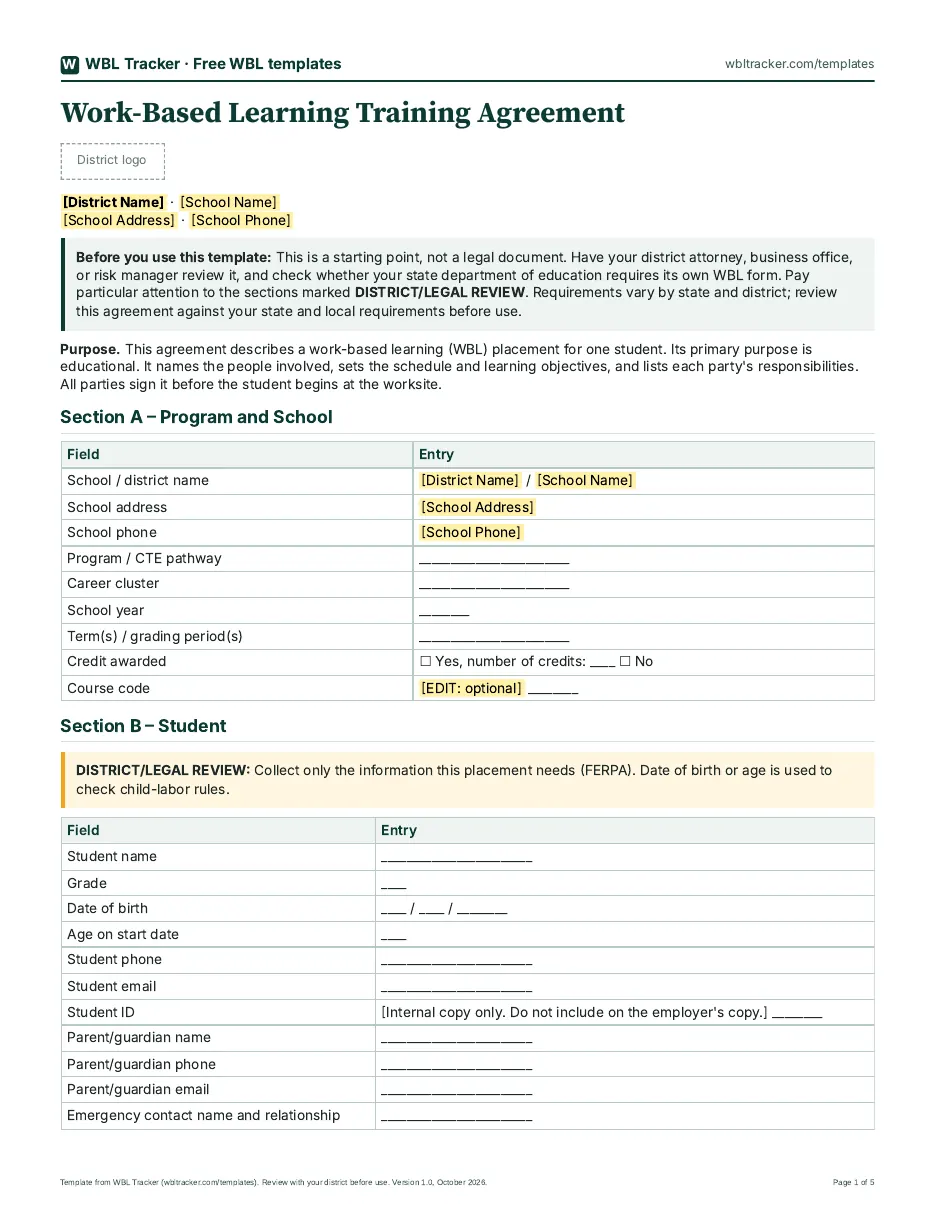 Page 1 of the free WBL training agreement template