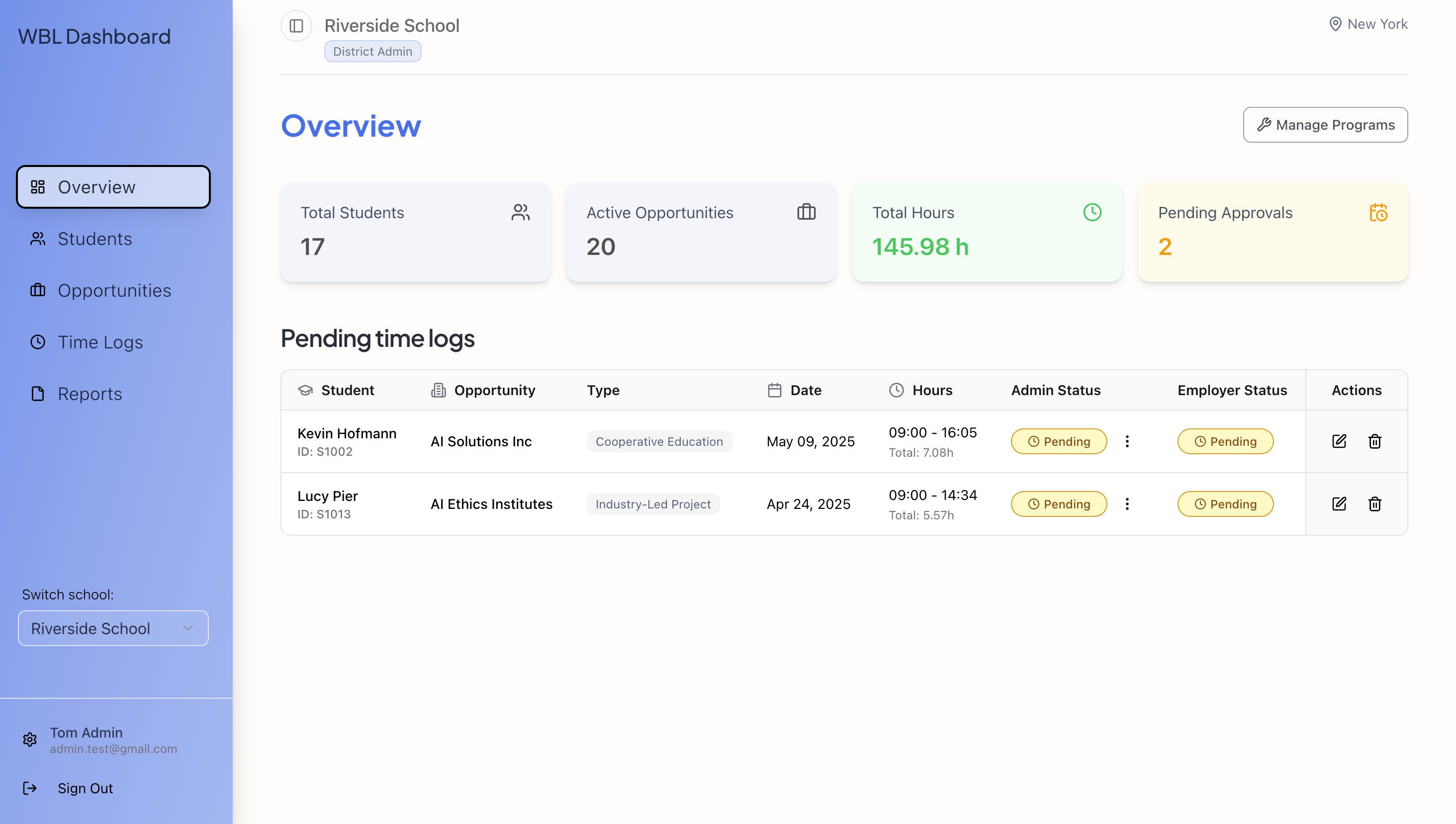 WBL Tracker Overview Dashboard showing key metrics, active opportunities, total hours, and pending approvals