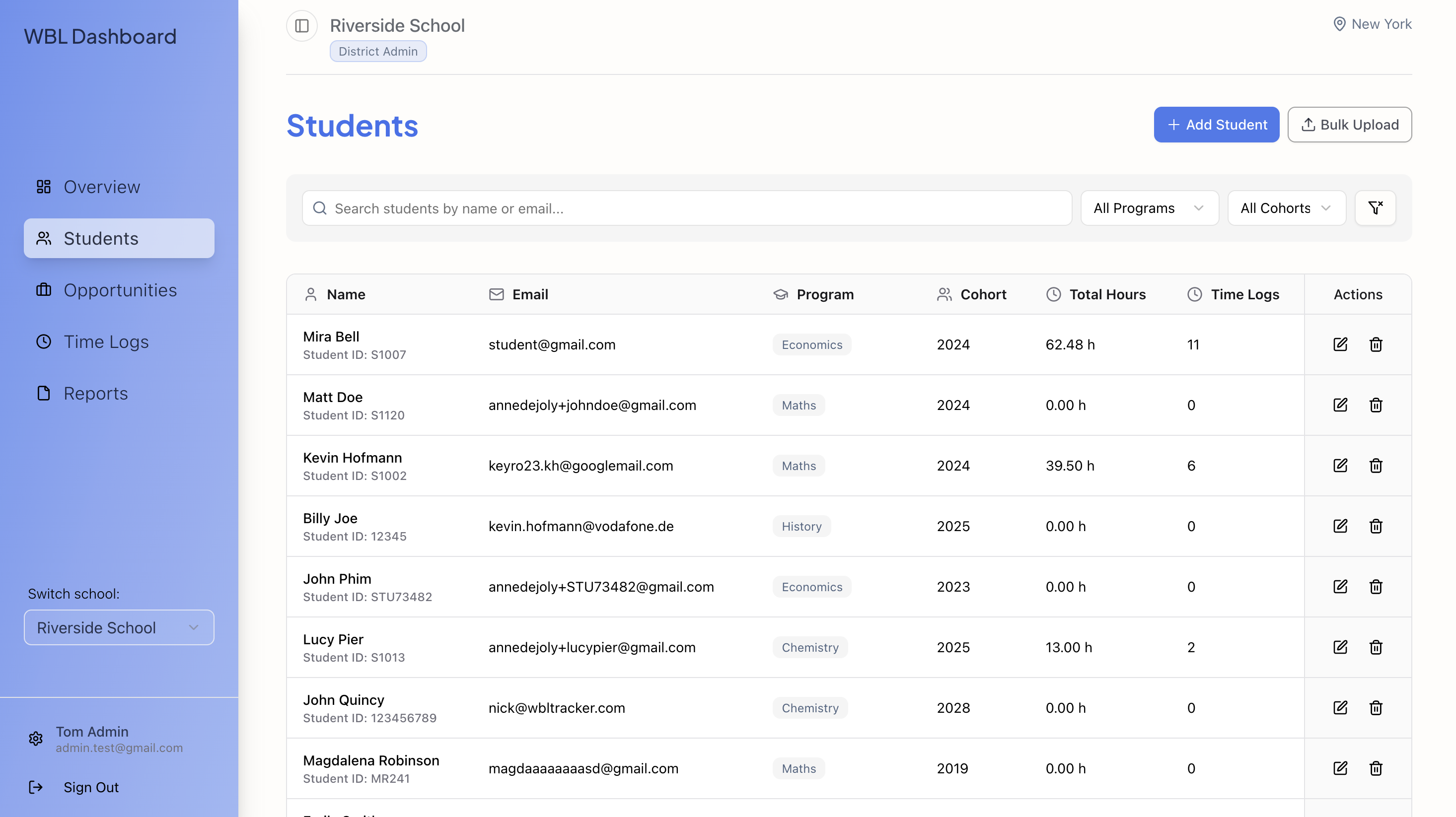 Student management interface showing roster and hour tracking