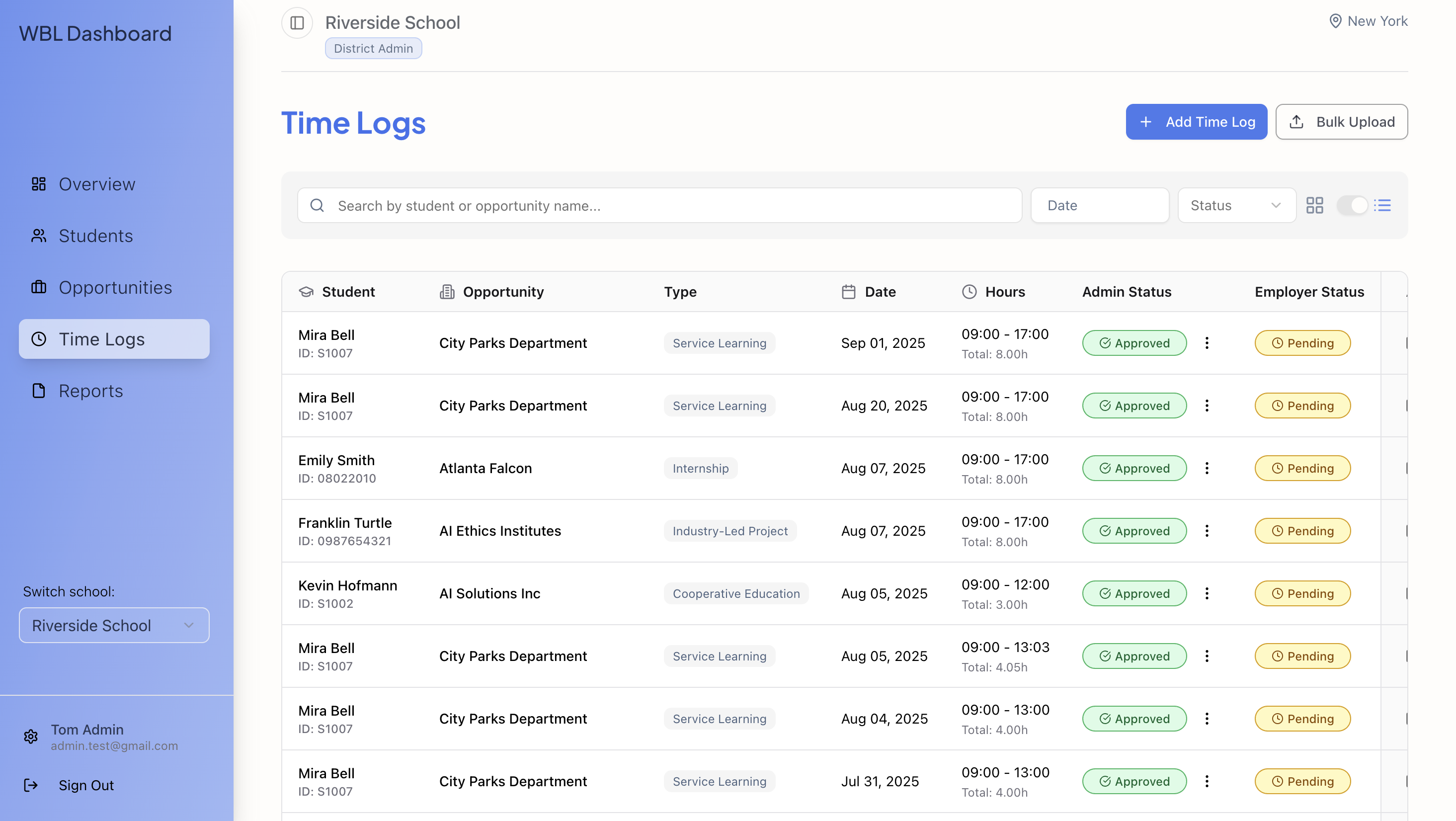 Time tracking dashboard showing student time logs with opportunities, hours, and approval statuses